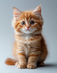 Obraz premium Adorable fluffy orange tabby kitten with big eyes sitting gracefully on a soft background, perfect for animal lovers and pet enthusiasts' projects