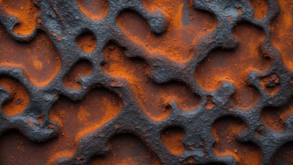 Rusty metal surface texture with vivid orange and dark gray patterns suitable for backgrounds and design projects.
