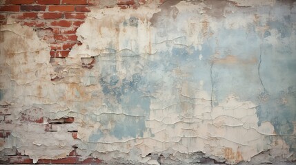 Obraz premium A weathered brick wall with peeling paint and visible texture, showcasing the passage of time and history