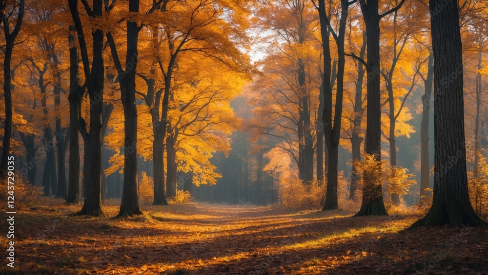 Poster autumn forest pathway with vibrant orange trees illuminated by soft light and room for text overlay 