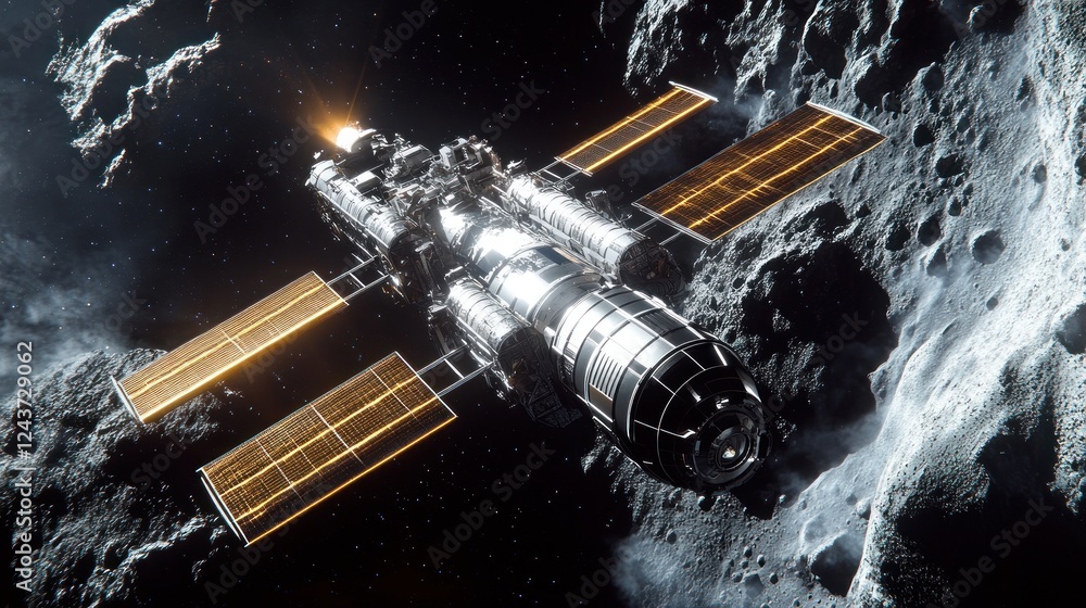 Poster A futuristic spacecraft navigating through an asteroid field in space.