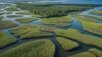 Aerial Perspective of Vibrant Coastal Wetlands Showcasing Lush Greenery and Tranquil Waterways Ideal for Nature and Landscape Themes