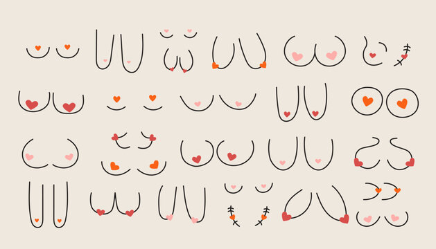 Woman breasts. Different female breast shape, line chest icons with various sizes, woman bust anatomy with scars and implants, inclusive diversity concept. Vector doodle set