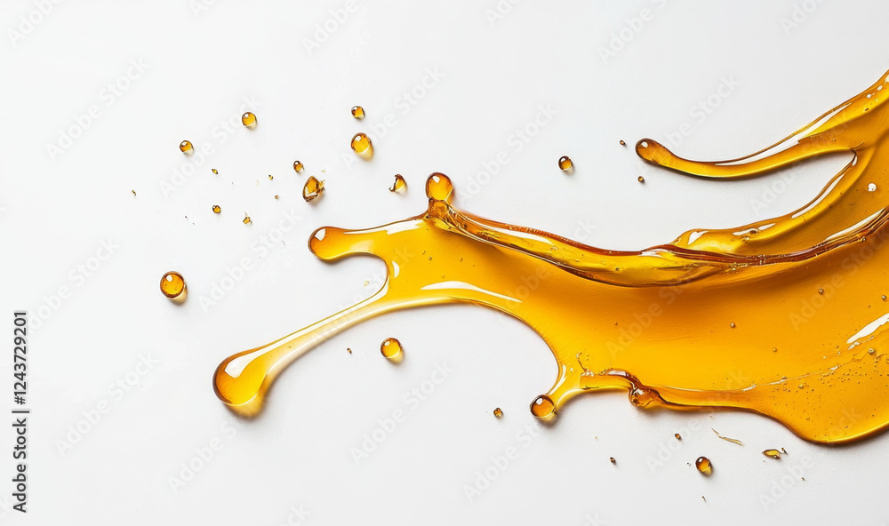Poster Golden honey splashes across a clean surface, creating intricate patterns and droplets.