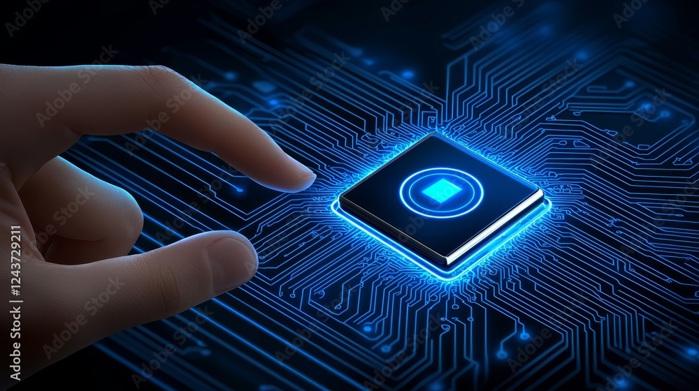 Poster hand initiating electrical connection by activating circuit button, a closeup of technological inter