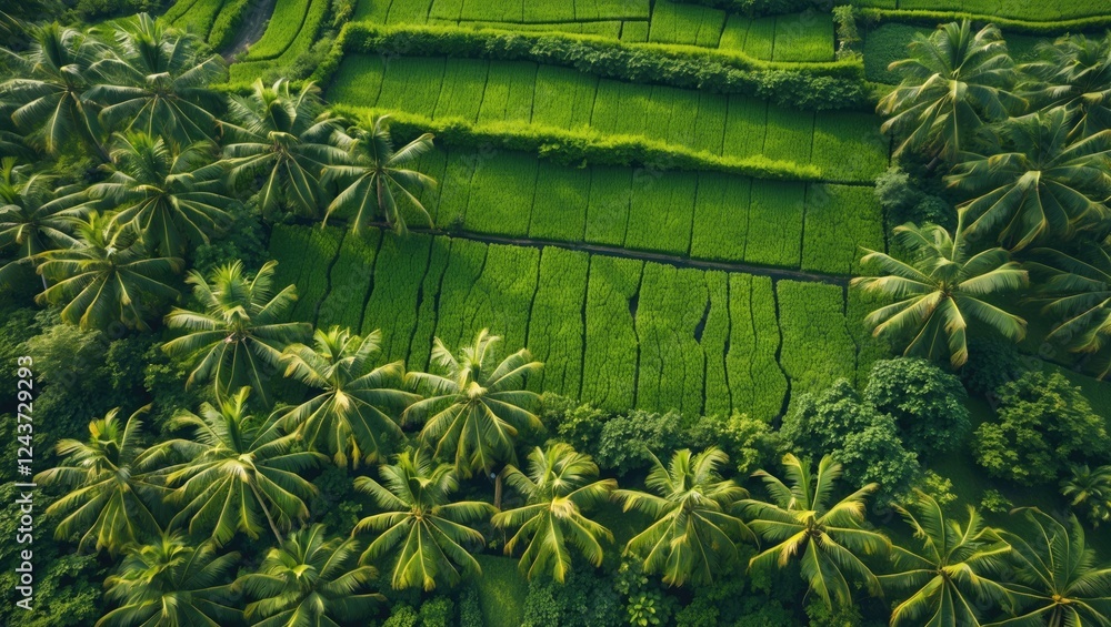 Poster aerial view of lush green rice fields surrounded by palm trees ideal for tourism and design with spa