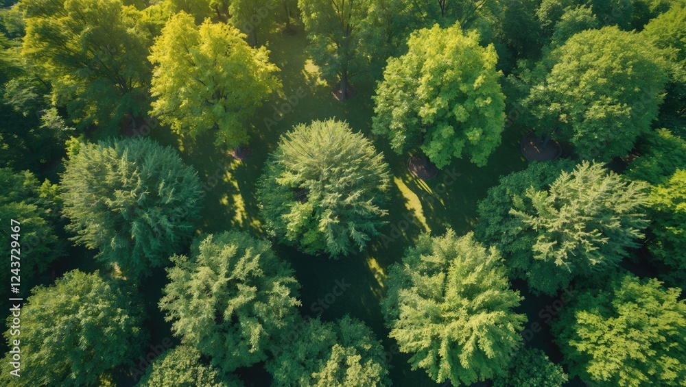 Poster aerial perspective of lush green trees in natural landscape with sunlight creating shadows and space