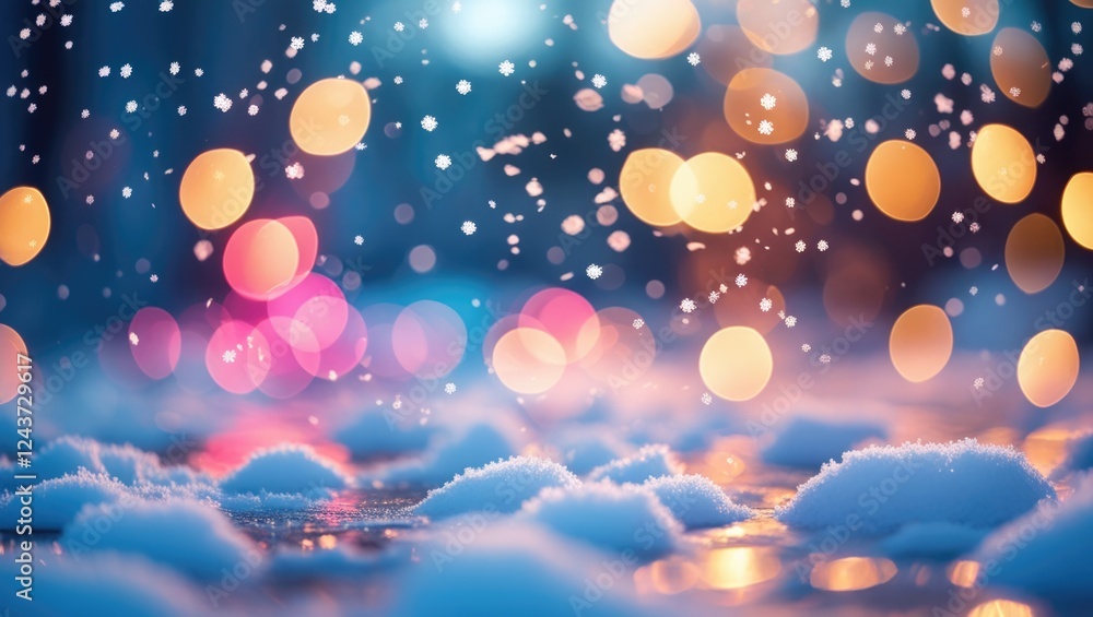 Poster colorful bokeh lights with falling snow create a dreamy abstract background featuring unfocused vibr