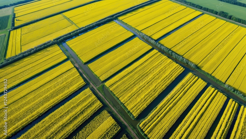 Poster aerial view of vibrant yellow rapeseed fields with geometric patterns and open space for custom text