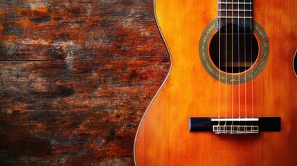 Vintage Acoustic Guitar on Rustic Wooden Background