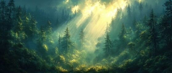 Obraz premium Mystical Forest Landscape with Glowing Green Mist and Ethereal Atmosphere