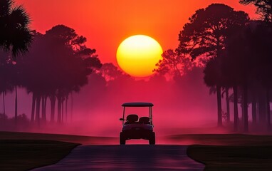 Serene sunset view: A golf cart silently glides along a path, bathed in the warm glow of the setting sun. Tranquil and picturesque.