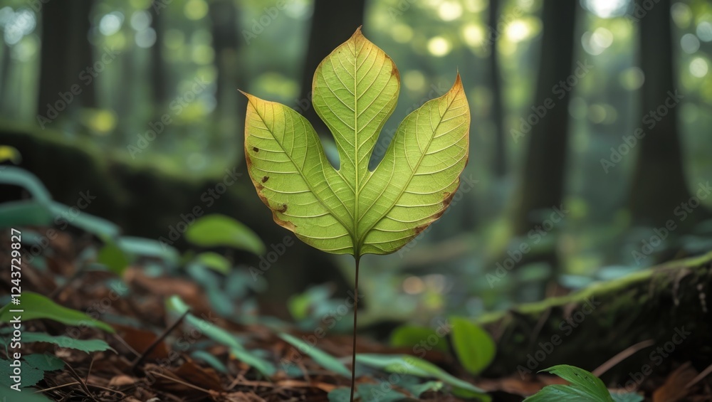 Aufkleber vibrant green leaf emerging in a serene forest setting with soft sunlight filtering through trees cr