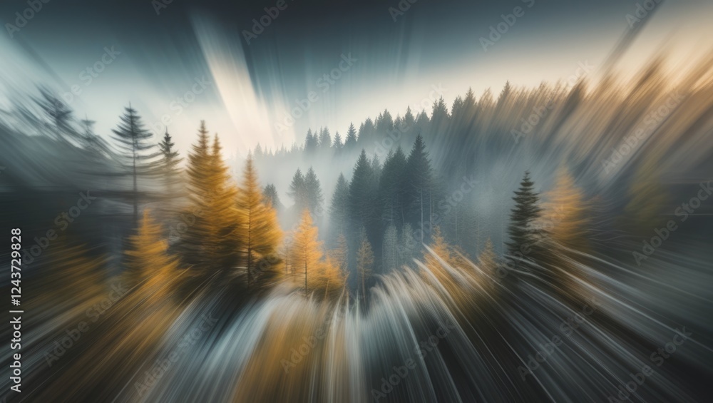 Poster abstract forest with motion blur effect showcasing pine trees and dynamic tonal variations in a sere