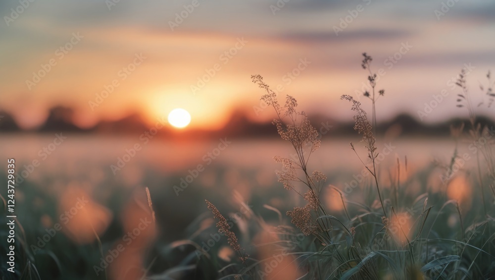 Aufkleber blurry abstract background of a tranquil field with soft sunlight at sunset creating a vintage and p