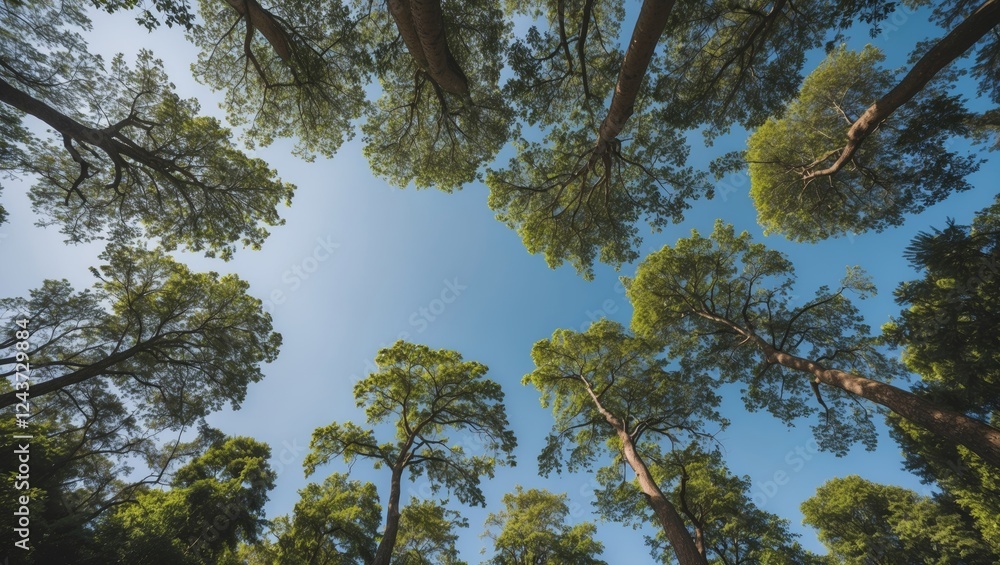 Poster treetops against a blue sky viewed from below with ample negative space for text and design integrat