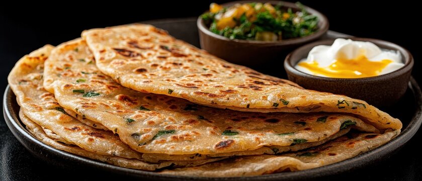 A glowing macro shot of freshly made methi paratha, with golden brown spots and flecks of green fenugreek leaves, served with a bowl of curd and pickle. The flaky texture of the paratha is highlighted