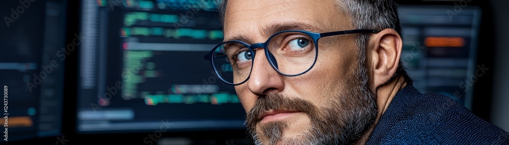 Poster focused man with glasses and beard engrossed in work on computer screen bearded