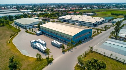 Fototapeta premium Modern Industrial Warehouse Logistics Center Aerial View From Drone Perspective On Sunny Day.