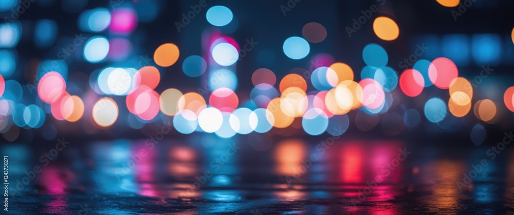 Poster bokeh effect transforms city lights into colorful orbs, creating an abstract urban scene that captur