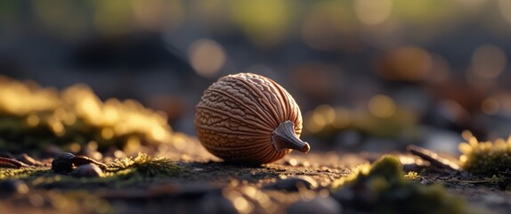 Obraz premium Pine nut resting on forest floor surrounded by soft moss and natural scenery capturing the essence of nature's textures and colors.