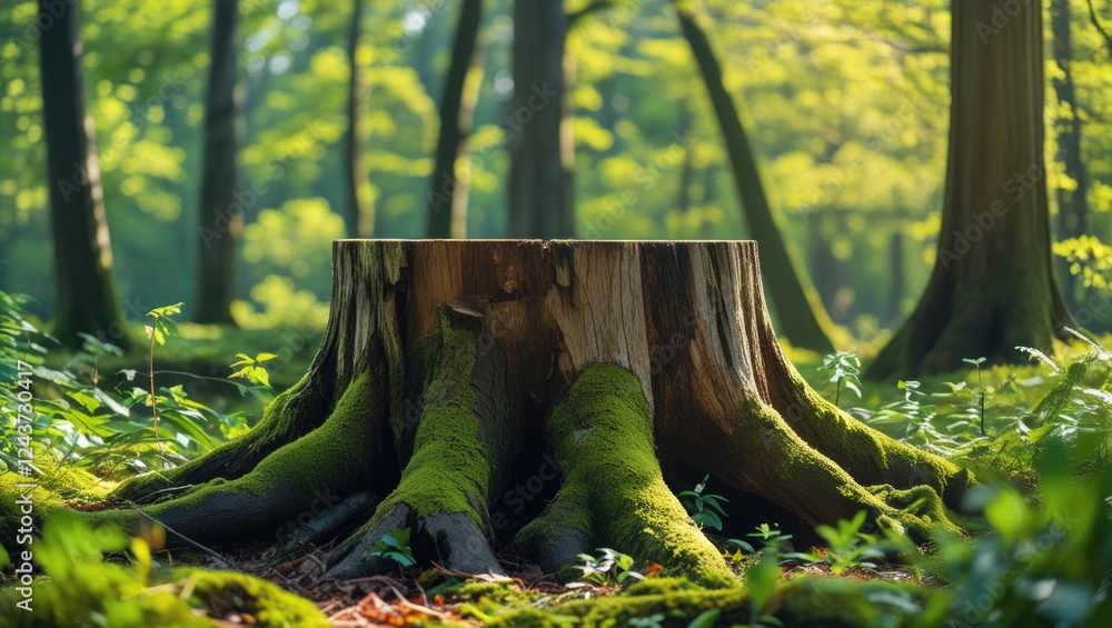 Poster moss-covered tree stump in vibrant forest setting with sunlight filtering through tall trees creatin