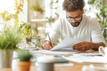 A business professional filling out a tax return form in a finance office