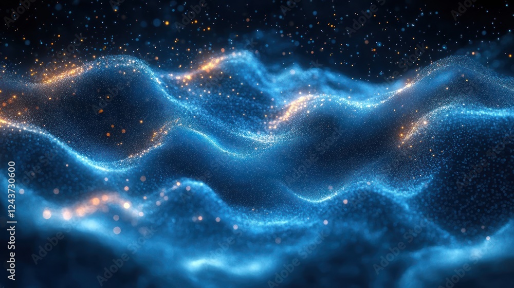 Poster abstract waves of light particle motion in deep blue background with luminous glow and futuristic te