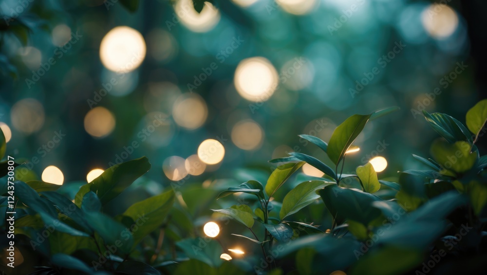 Poster abstract bokeh lights shimmering through green leaves creating a serene nature background with soft 
