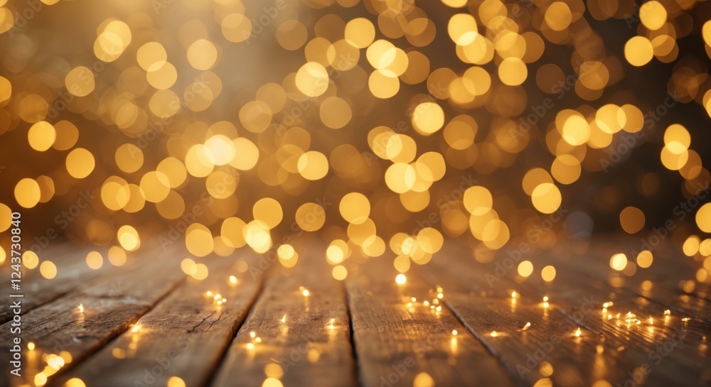 Aufkleber elegant golden bokeh lights illuminating a warm wooden background creating a magical and inviting at