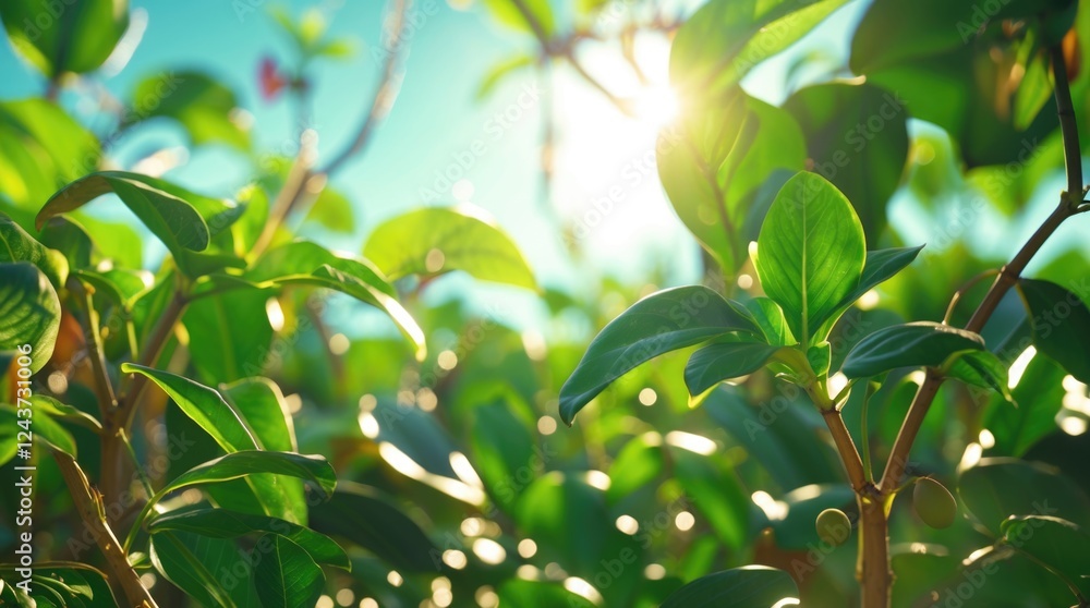 Poster lush green foliage illuminated by sunlight creating a serene nature background perfect for text over