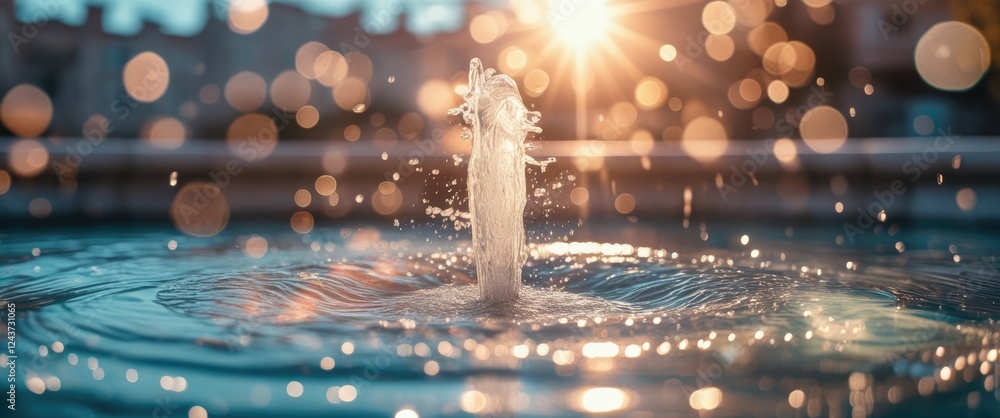 Poster sunlight glistening on a bubbling fountain creating a dreamy atmosphere with sparkling water droplet