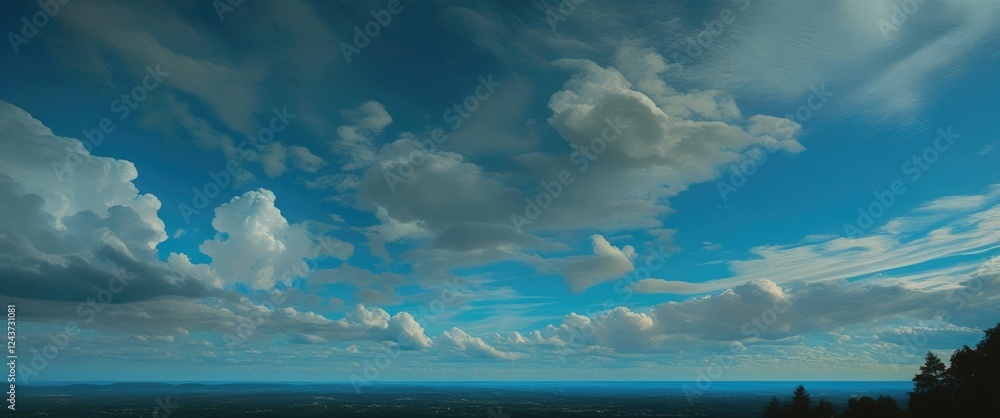 Poster vast panoramic view of a blue sky with white clouds and gentle grey tones creating a serene and tran