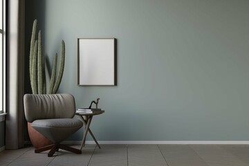 framed poster mockup on the wall in simple living room interior background with lounge chair and green wall. 3d illustration