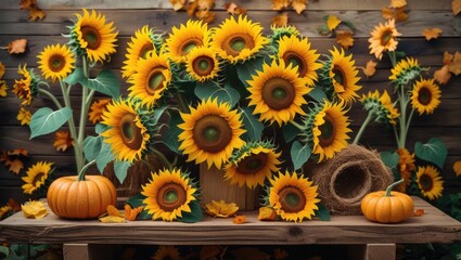 Autumn scene featuring vibrant sunflowers and pumpkins on a rustic wooden table with fall leaves enhancing the seasonal atmosphere