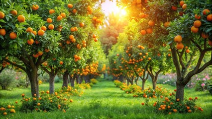 Obraz premium Brightly lit orange grove on a sunny summer day surrounded by lush greenery and vibrant flowers, nature, garden, nature
