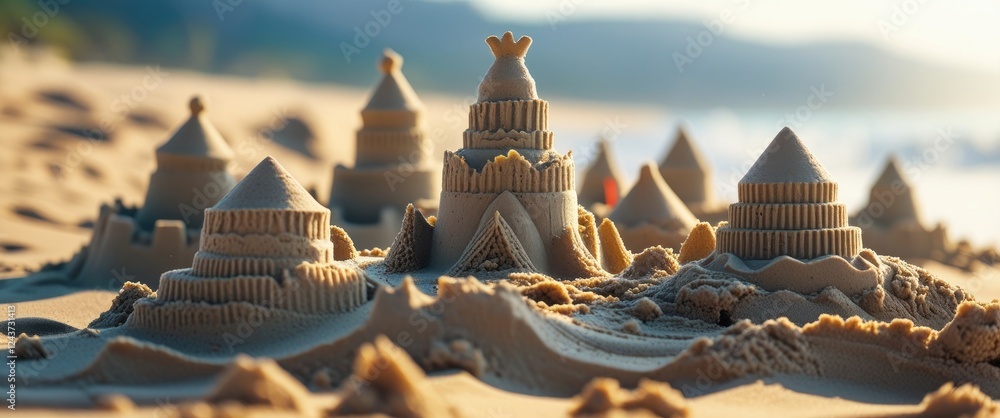 Poster intricate sandcastles sculpted on beach with soft focus background and spacious area for text overla