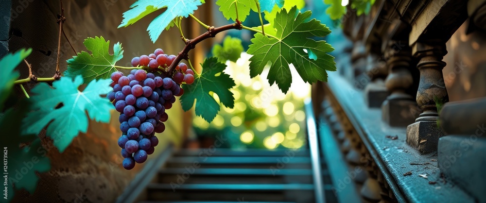 Poster vibrant grapevine branch with lush leaves cascading down a vintage staircase illuminated by soft nat