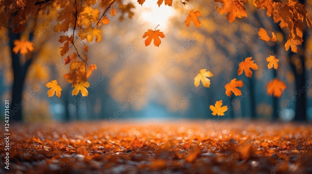 Poster golden autumn leaves falling in a tranquil forest path creating a serene blurred nature background f