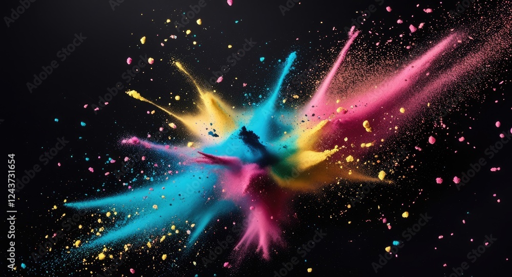 Poster vibrant color powder explosion on black background showcasing dynamic motion, enhancing creativity w