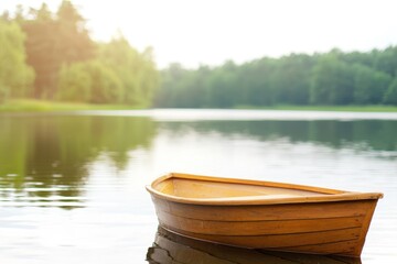 Obraz premium Serene Wooden Boat Floating Peacefully on Still Lake at Dusk with Soft Light