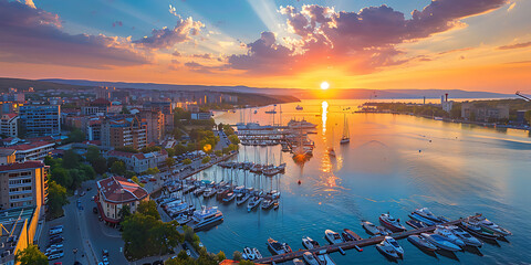 A vibrant sunset over a marina, with boats docked and city buildings bathed in warm colors, casting reflections on the calm water.

