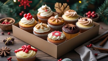 Festive Gift Box Filled With Homemade Seasonal Mini Cupcakes Muffins Decorated With Traditional Holiday Symbols And Elements