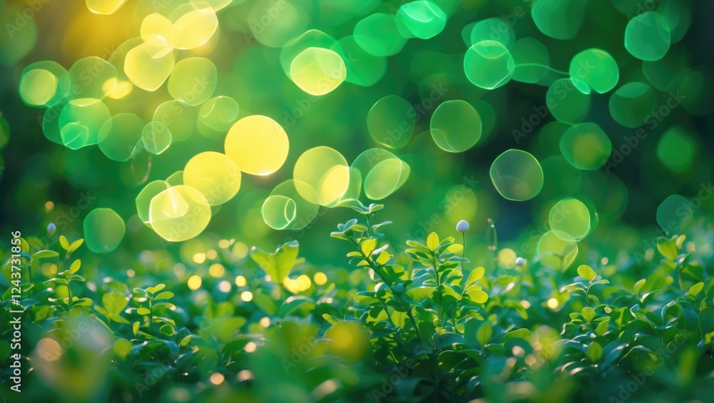 Poster lush green bokeh background with soft blurred foliage and vibrant lights creating a serene and calmi