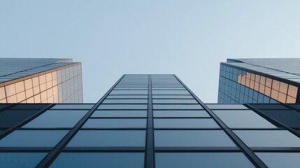 Fototapeta premium Modern glass skyscrapers, city skyline, low angle view, clear sky background