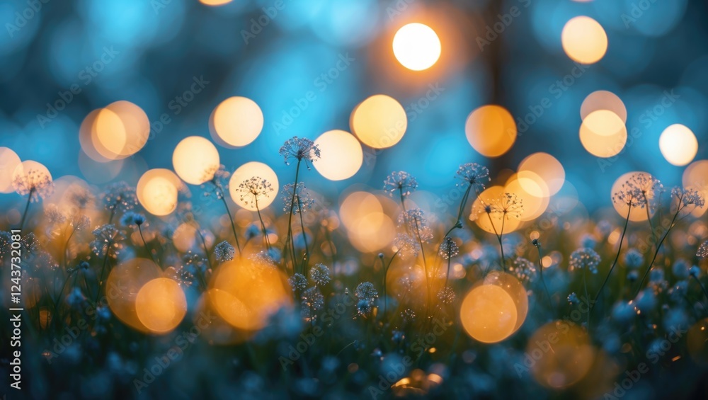 Poster delicate floral scene featuring soft bokeh lights creating a dreamy, ethereal atmosphere with vibran