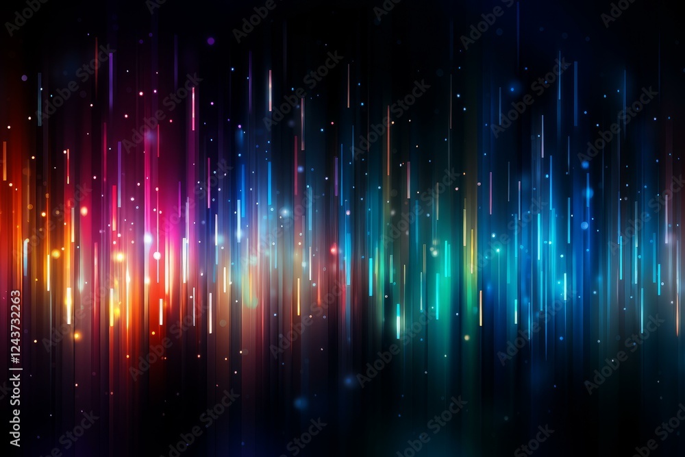 Poster colorful light trails falling against a dark background, creating a vibrant and dynamic abstract com