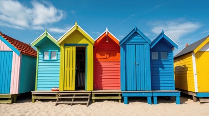 Vibrant beach huts in various colors against a clear blue sky, showcasing a lively and cheerful summertime holiday resort atmosphere.