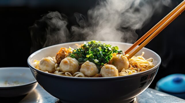 A steaming bowl of Hong Kong-style fishball noodle soup served at a night market