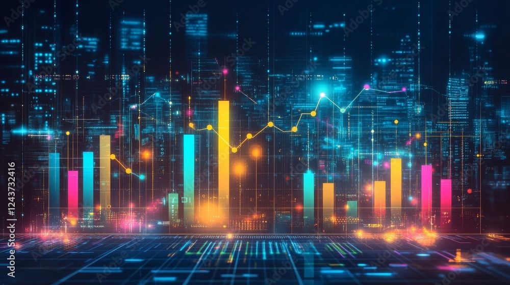 Aufkleber vibrant financial chart data visualization with glowing lines and bars on dark background